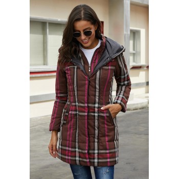 Gray Vintage Plaid Cotton Quilted Trench Coat Brown Blue
